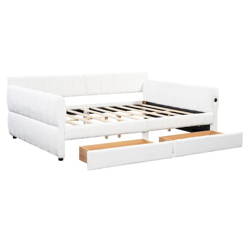 Lit de repos Queen Size, plateforme rembourrée avec USB et 2 tiroirs, canapé-lit à rayures verticales, méridienne, causeuse