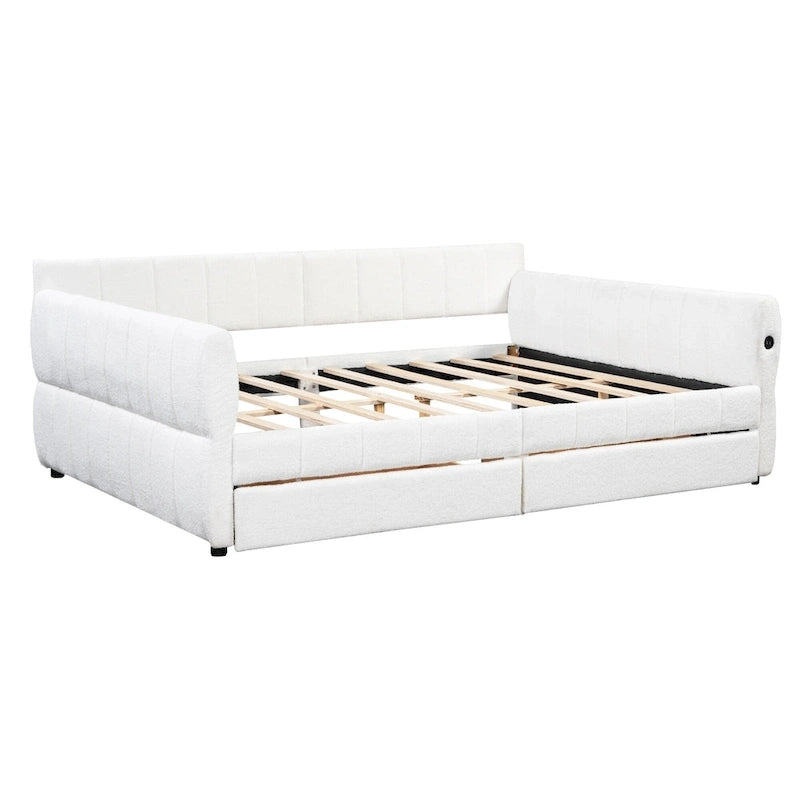 Lit de repos Queen Size, plateforme rembourrée avec USB et 2 tiroirs, canapé-lit à rayures verticales, méridienne, causeuse