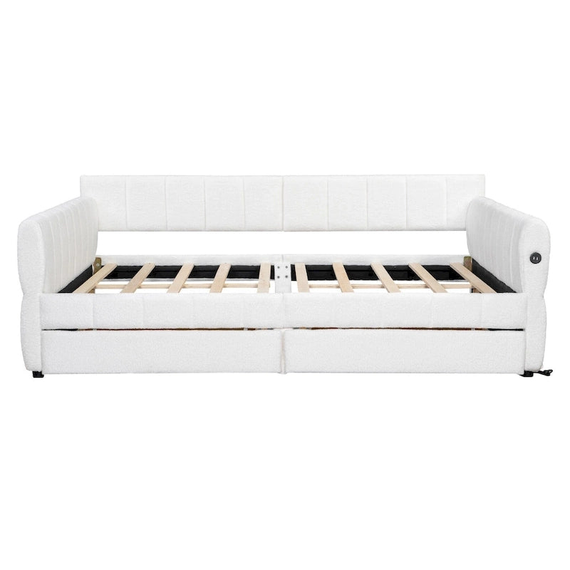 Lit de repos Queen Size, plateforme rembourrée avec USB et 2 tiroirs, canapé-lit à rayures verticales, méridienne, causeuse