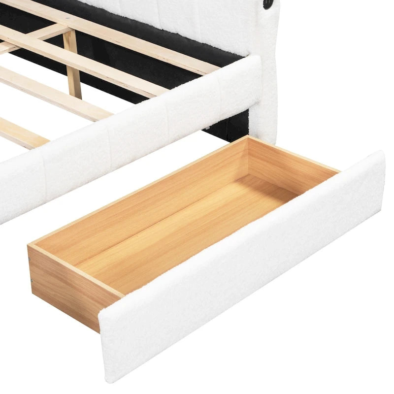 Lit de repos Queen Size, plateforme rembourrée avec USB et 2 tiroirs, canapé-lit à rayures verticales, méridienne, causeuse