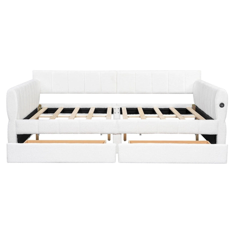 Lit de repos Queen Size, plateforme rembourrée avec USB et 2 tiroirs, canapé-lit à rayures verticales, méridienne, causeuse