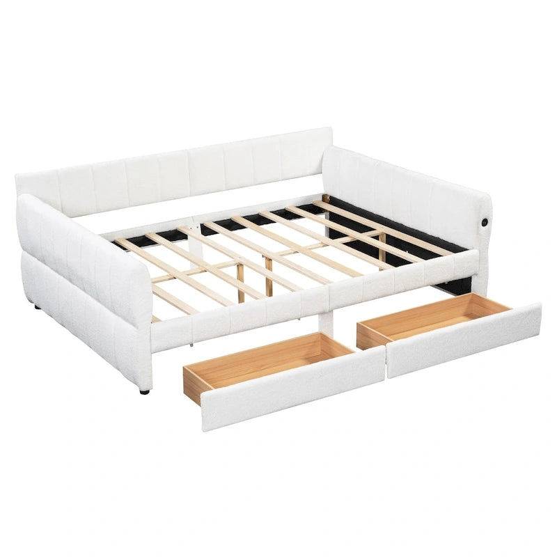 Lit de repos Queen Size, plateforme rembourrée avec USB et 2 tiroirs, canapé-lit à rayures verticales, méridienne, causeuse