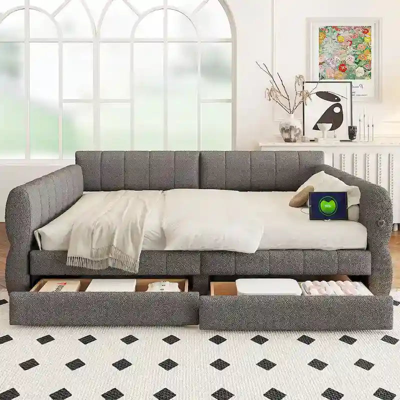 Lit de repos Queen Size, plateforme rembourrée avec USB et 2 tiroirs, canapé-lit à rayures verticales, méridienne, causeuse