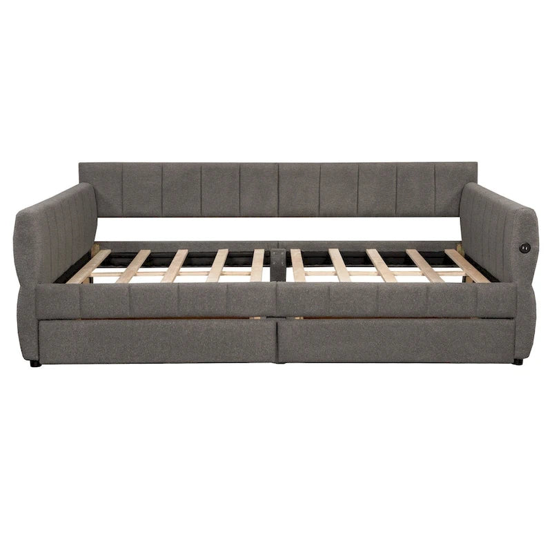 Lit de repos Queen Size, plateforme rembourrée avec USB et 2 tiroirs, canapé-lit à rayures verticales, méridienne, causeuse