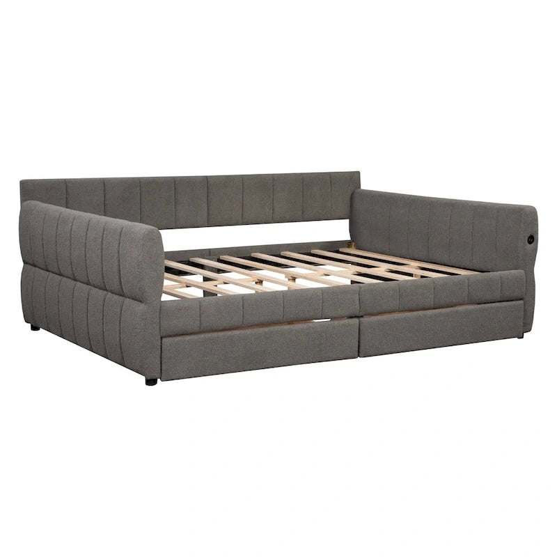 Lit de repos Queen Size, plateforme rembourrée avec USB et 2 tiroirs, canapé-lit à rayures verticales, méridienne, causeuse