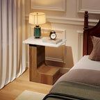 Table d'appoint de canapé en forme de C à 2 niveaux, table de chevet avec plateau en faux marbre, table en C pour canapé, chambre, salon