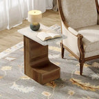 Table d'appoint de canapé en forme de C à 2 niveaux, table de chevet avec plateau en faux marbre, table en C pour canapé, chambre, salon