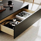 Table basse Mid-Century Moderne, Table basse minimaliste en placage de bois avec rangement pour salon, Entièrement assemblée