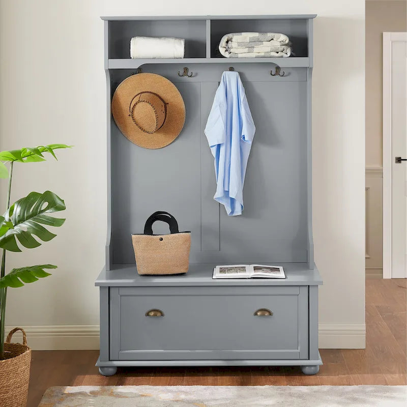 Coastal Style Hall Tree Entryway Bench with Shelves and Shoe Cabinets