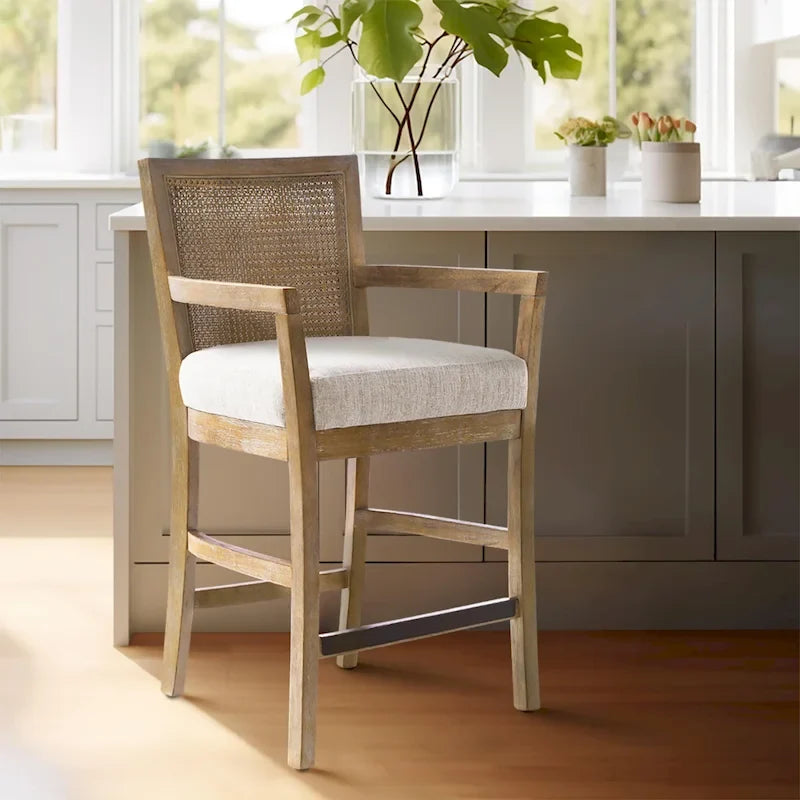 Tabouret de comptoir Blaine crème/rotin naturel récupéré