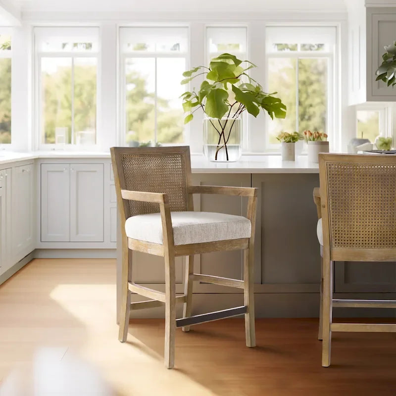 Tabouret de comptoir Blaine crème/rotin naturel récupéré