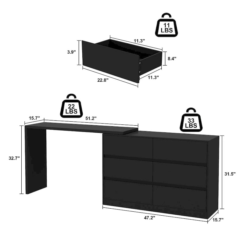 Coiffeuse rotative et bureau, commode 6 tiroirs, coiffeuse maquillage