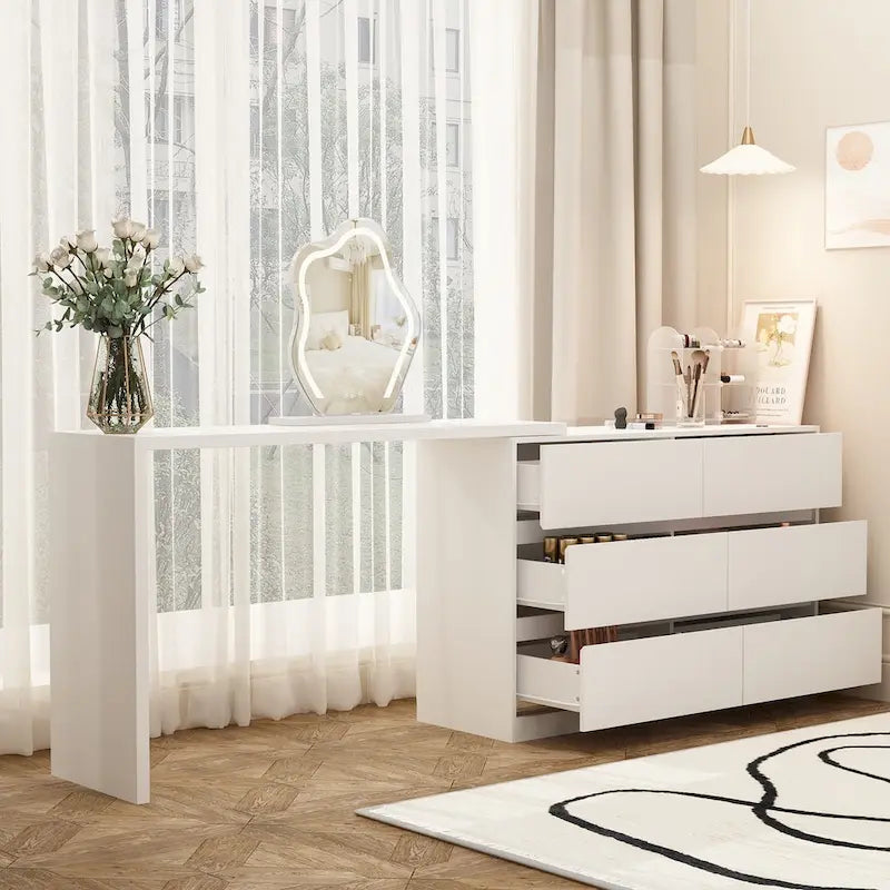 Coiffeuse rotative et bureau, commode 6 tiroirs, coiffeuse maquillage
