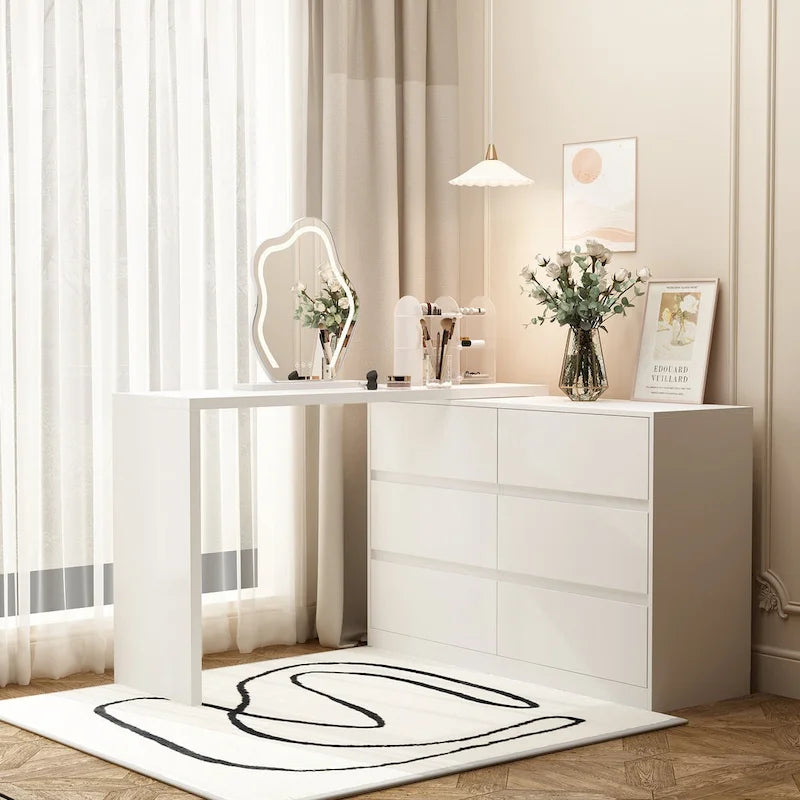 Coiffeuse rotative et bureau, commode 6 tiroirs, coiffeuse maquillage