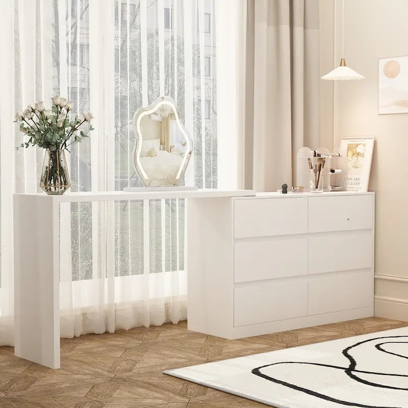 Coiffeuse rotative et bureau, commode 6 tiroirs, coiffeuse maquillage