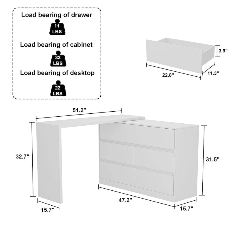 Coiffeuse rotative et bureau, commode 6 tiroirs, coiffeuse maquillage