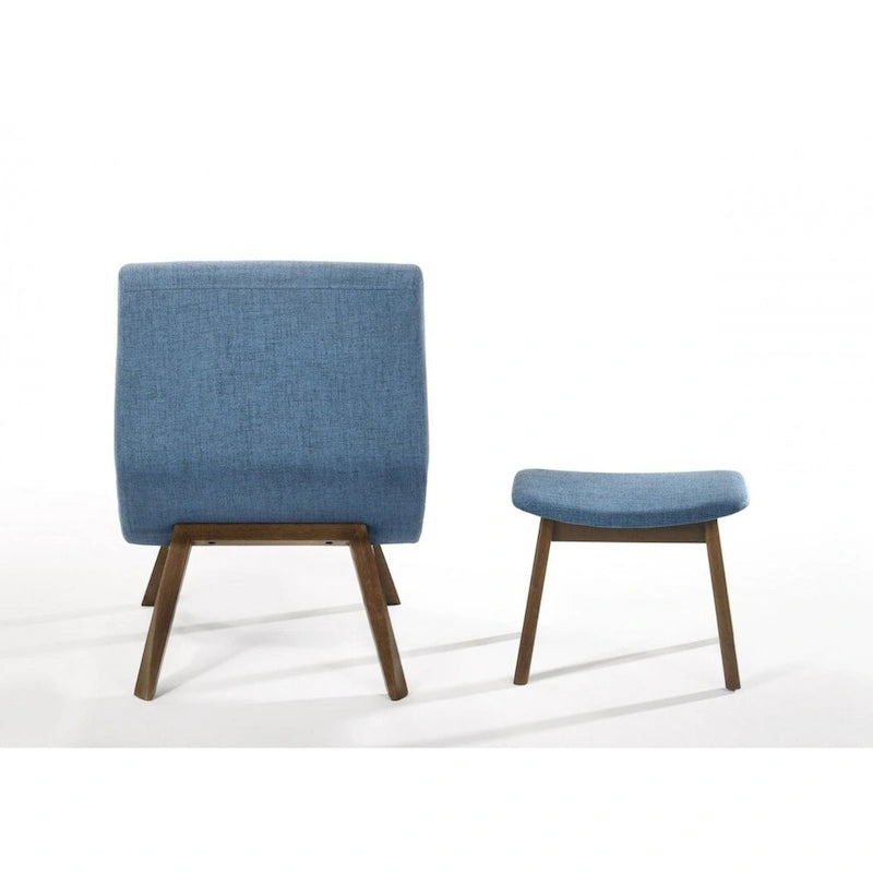 Fauteuil d'appoint et ottoman Modrest Whitney modernes bleus et noyer