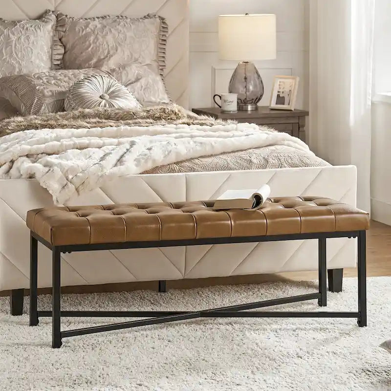 Banc rembourré en cuir véritable Eberhard Modern 50.5 avec pieds en métal par