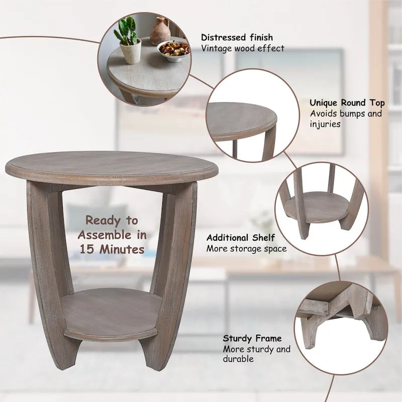 COZAYH Lot de 2 tables d'appoint rustiques de style ferme avec étagère de rangement, table d'appoint de style campagne française, finition gris vintage