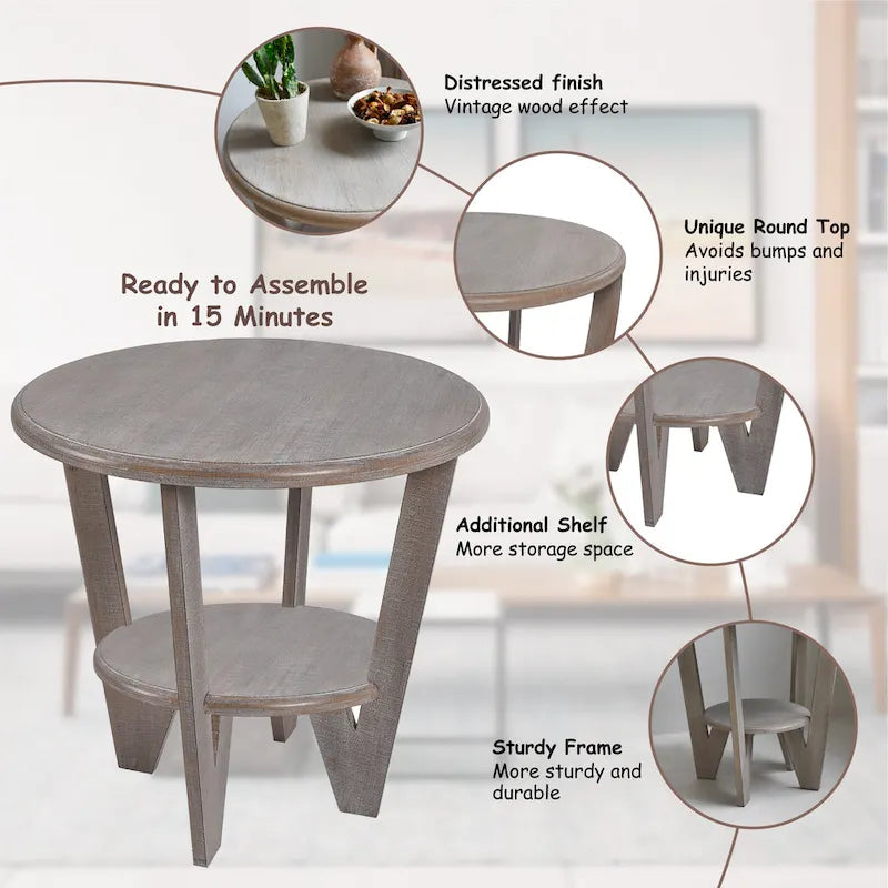 COZAYH Lot de 2 tables d'appoint rustiques de style ferme avec étagère de rangement, table d'appoint de style campagne française, finition gris vintage