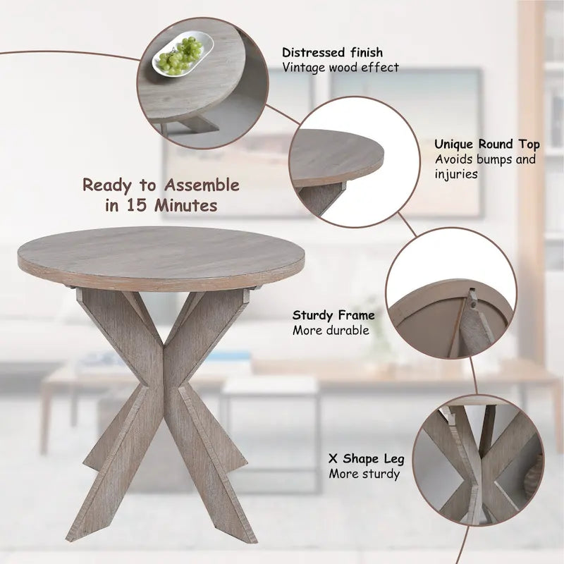 COZAYH Lot de 2 tables d'appoint rustiques de style ferme avec étagère de rangement, table d'appoint de style campagne française, finition gris vintage