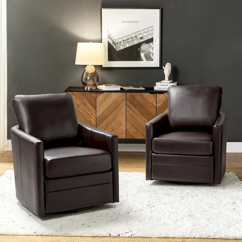 Terrance Transitional Swivel Faux Leather Barrel Chair with Metal Base  of 2