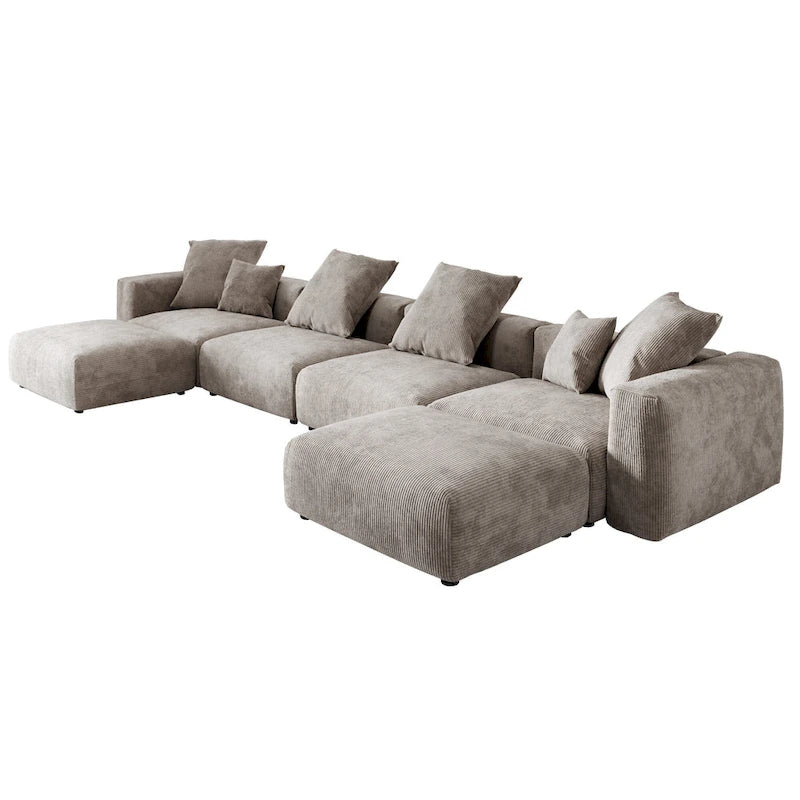 Grand canapé modulaire sectionnel en velours côtelé, en forme de U, 4 places avec 2 poufs et 5 oreillers