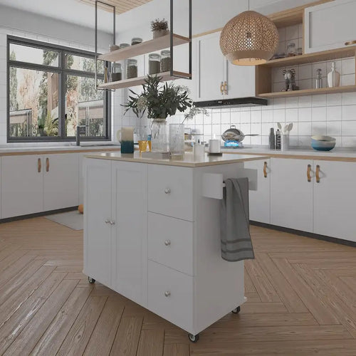 52.7 W Rolling Mobile Kitchen Island with Solid Wood Top and Locking Wheels,Storage Cabinet and Drop Leaf Breakfast Bar