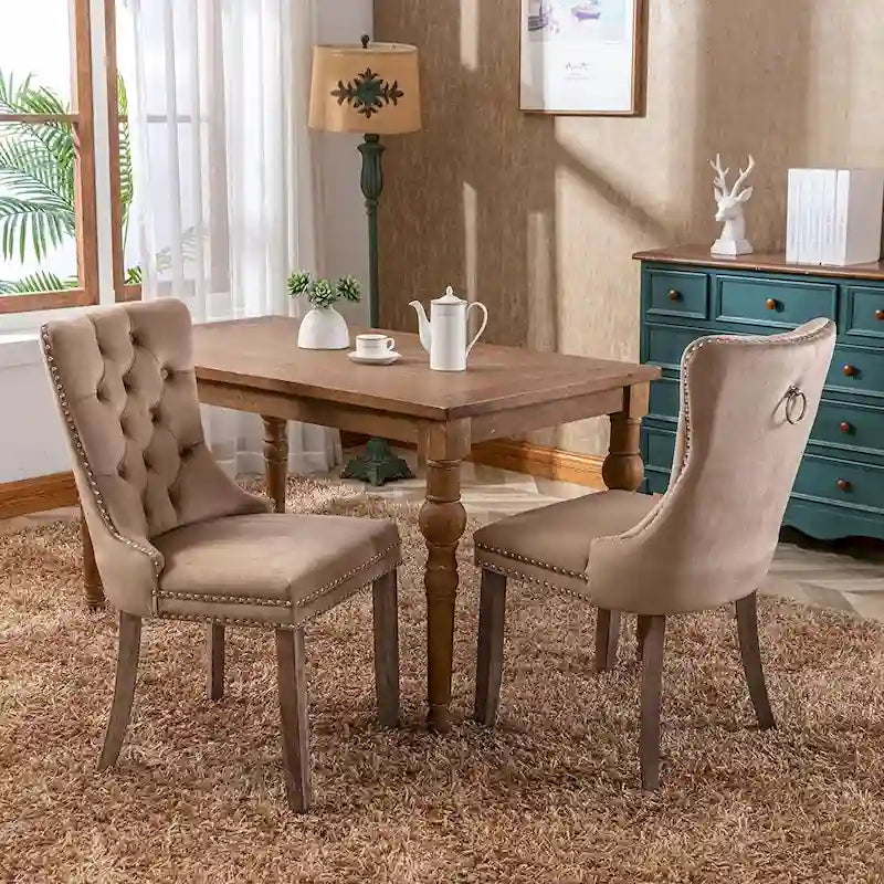 Chaises de salle à manger en velours (lot de 2), chaises de salle à manger capitonnées haut de gamme avec anneau de traction décoratif clouté et pieds en bois massif