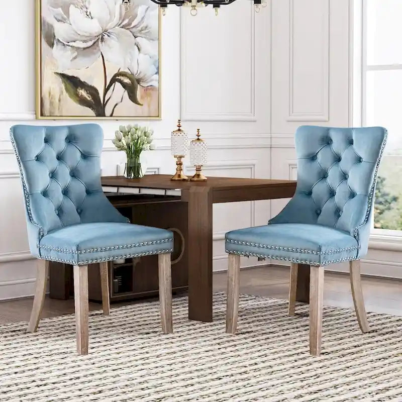 Chaises de salle à manger en velours (lot de 2), chaises de salle à manger capitonnées haut de gamme avec anneau de traction décoratif clouté et pieds en bois massif