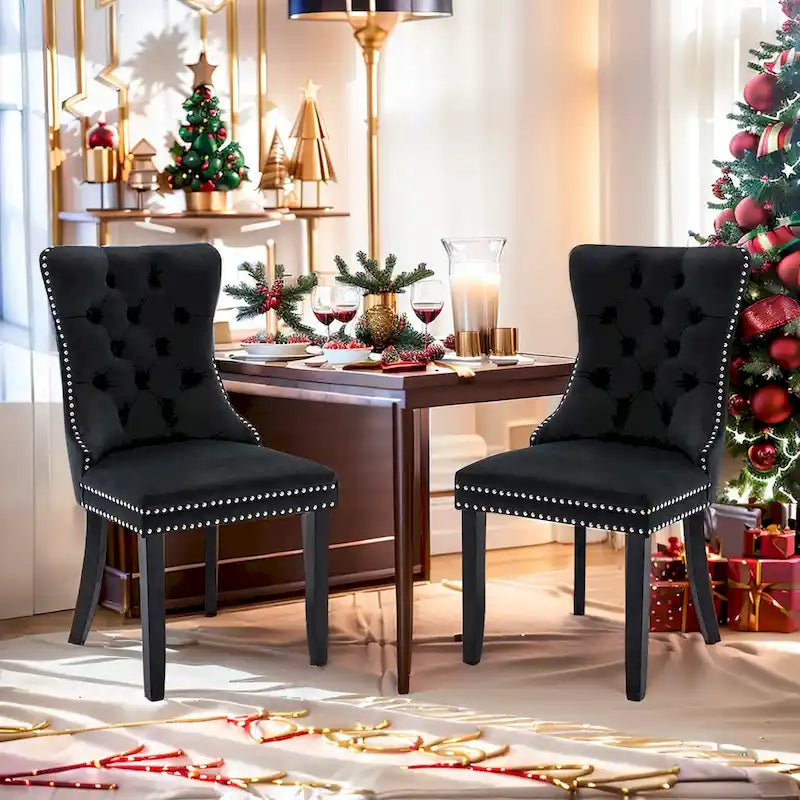 Chaises de salle à manger en velours (lot de 2), chaises de salle à manger capitonnées haut de gamme avec anneau de traction décoratif clouté et pieds en bois massif