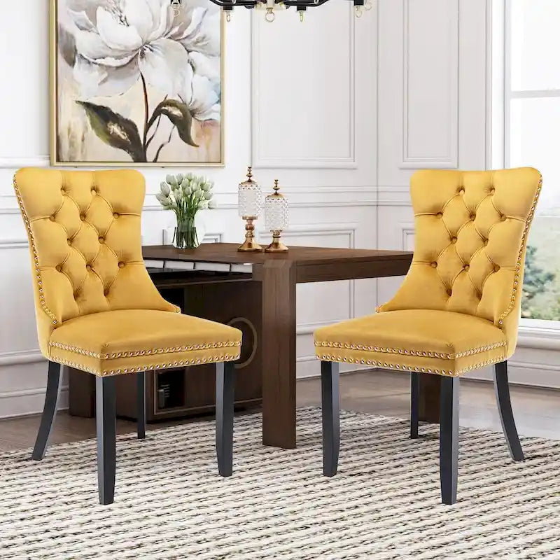 Chaises de salle à manger en velours (lot de 2), chaises de salle à manger capitonnées haut de gamme avec anneau de traction décoratif clouté et pieds en bois massif