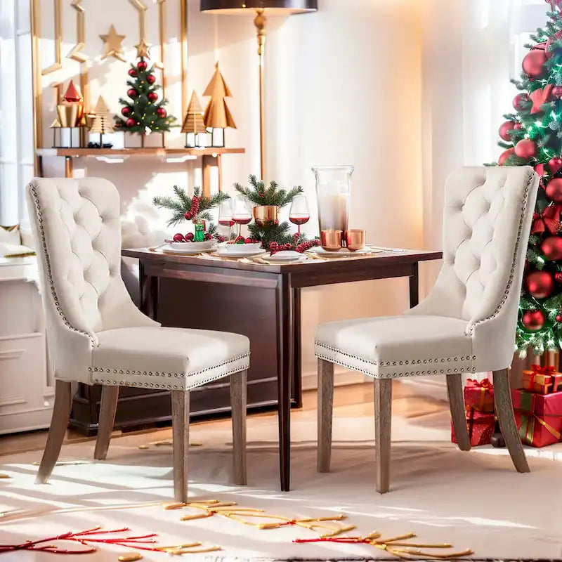 Velvet Dining Chairs  of 2, Upholstered High-end Tufted Dining Room Chair with Nailhead Back Ring Pull Trim Solid Wood Legs