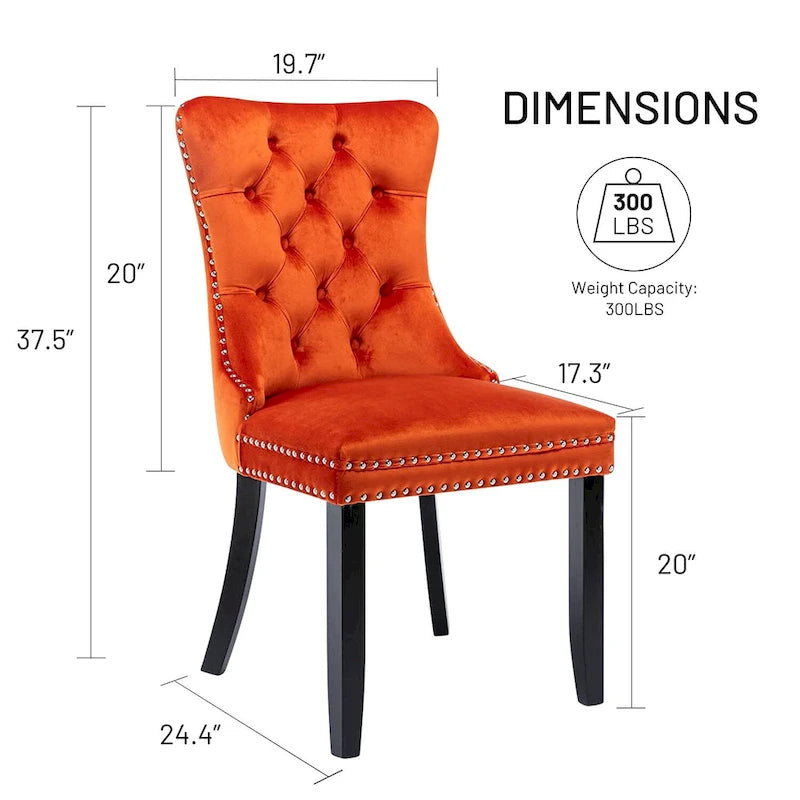 Chaises de salle à manger en velours (lot de 2), chaises de salle à manger capitonnées haut de gamme avec anneau de traction décoratif clouté et pieds en bois massif