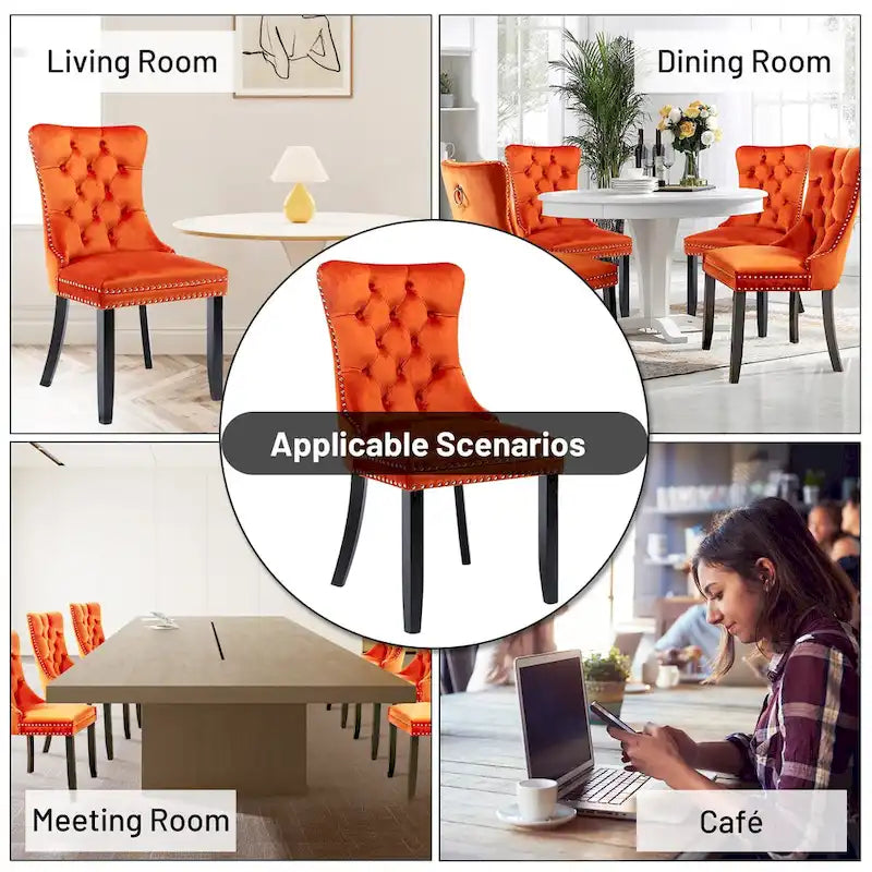 Chaises de salle à manger en velours (lot de 2), chaises de salle à manger capitonnées haut de gamme avec anneau de traction décoratif clouté et pieds en bois massif