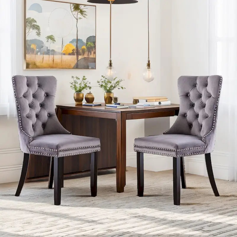 Chaises de salle à manger en velours (lot de 2), chaises de salle à manger capitonnées haut de gamme avec anneau de traction décoratif clouté et pieds en bois massif
