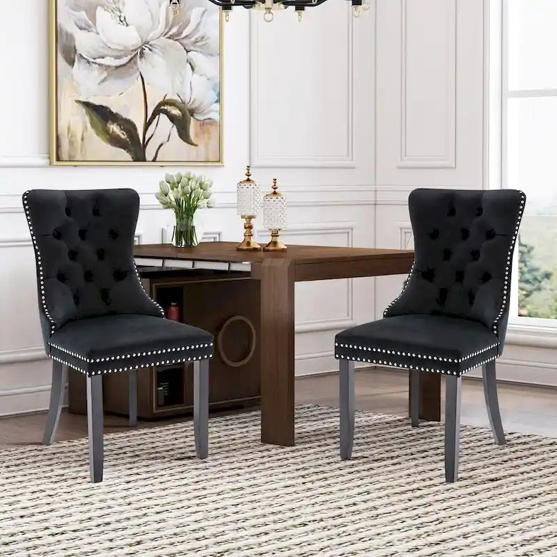 Chaises de salle à manger en velours (lot de 2), chaises de salle à manger capitonnées haut de gamme avec anneau de traction décoratif clouté et pieds en bois massif