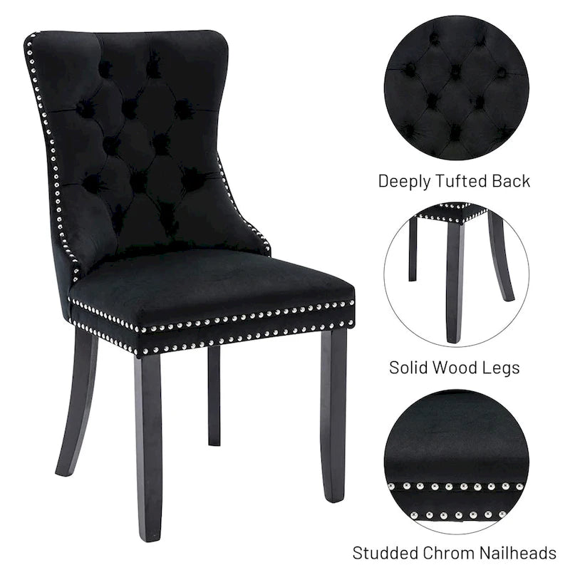Chaises de salle à manger en velours (lot de 2), chaises de salle à manger capitonnées haut de gamme avec anneau de traction décoratif clouté et pieds en bois massif