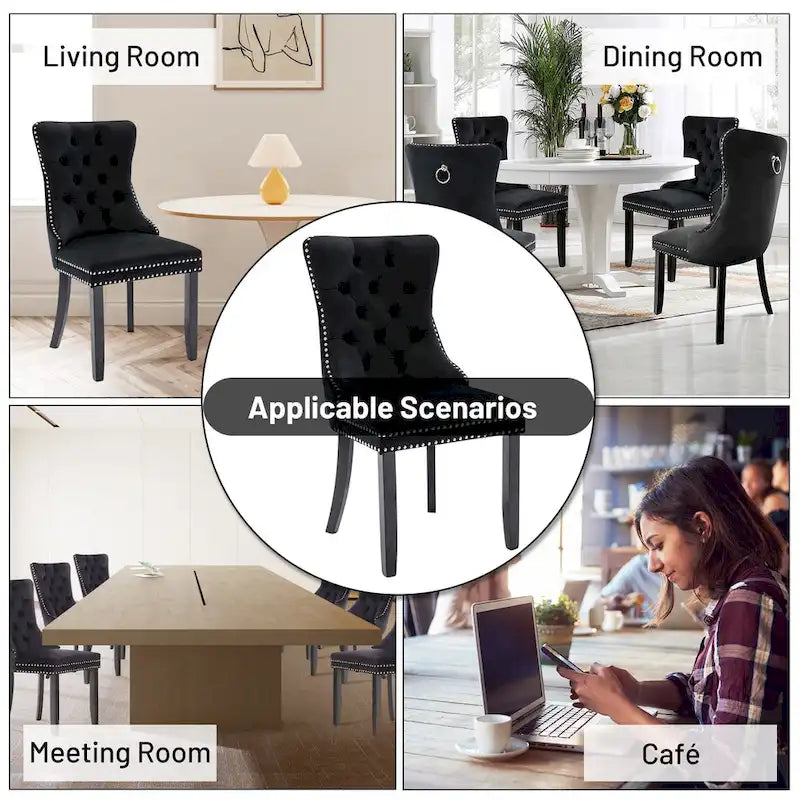 Chaises de salle à manger en velours (lot de 2), chaises de salle à manger capitonnées haut de gamme avec anneau de traction décoratif clouté et pieds en bois massif