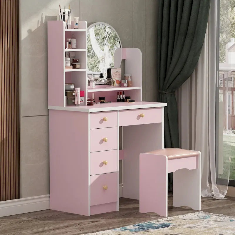 Coiffeuse avec miroir, tabouret et 5 tiroirs - Blanc/Rose/Noir - 80L x 40l x 132H