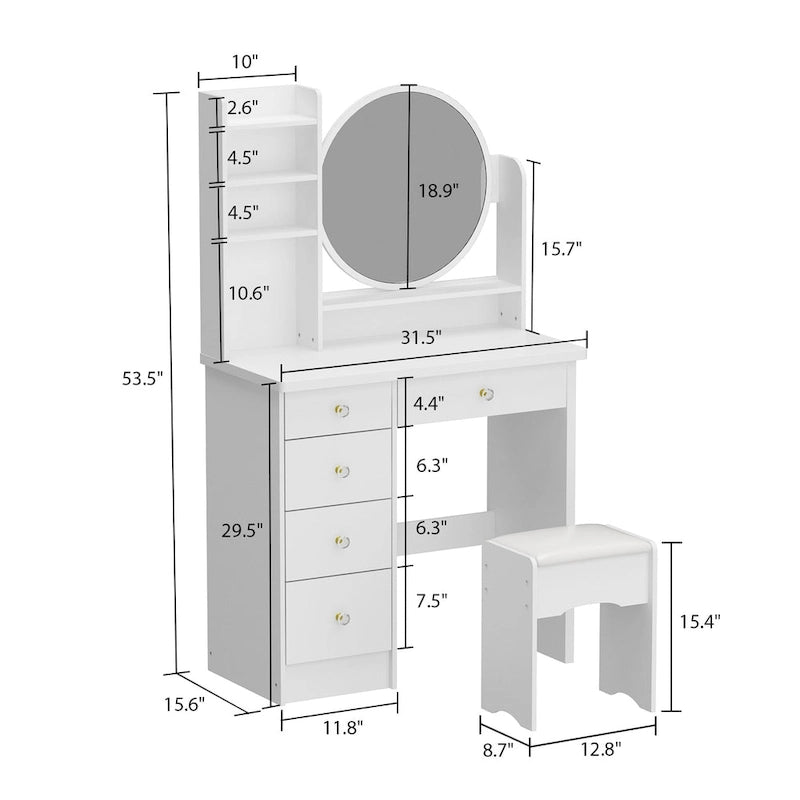 Coiffeuse avec miroir, tabouret et 5 tiroirs - Blanc/Rose/Noir - 80L x 40l x 132H