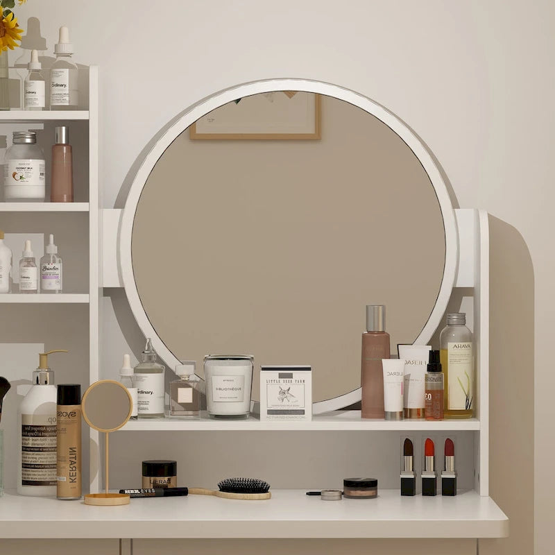 Coiffeuse avec miroir, tabouret et 5 tiroirs - Blanc/Rose/Noir - 80L x 40l x 132H