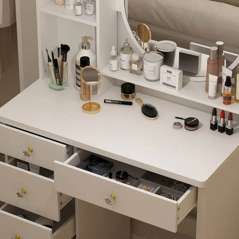 Coiffeuse avec miroir, tabouret et 5 tiroirs - Blanc/Rose/Noir - 80L x 40l x 132H