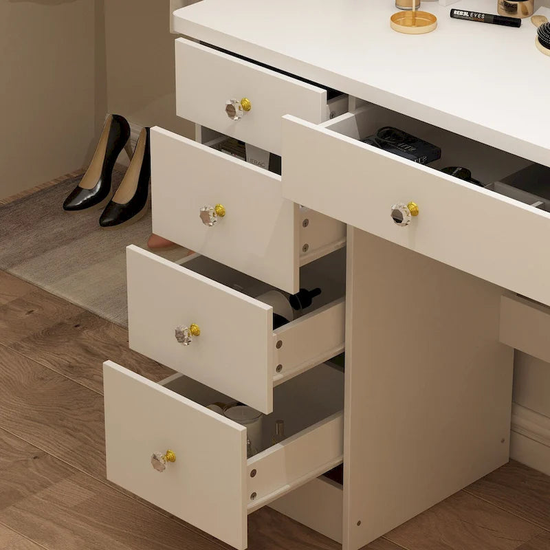 Coiffeuse avec miroir, tabouret et 5 tiroirs - Blanc/Rose/Noir - 80L x 40l x 132H