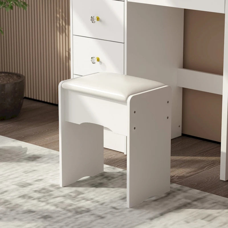 Coiffeuse avec miroir, tabouret et 5 tiroirs - Blanc/Rose/Noir - 80L x 40l x 132H