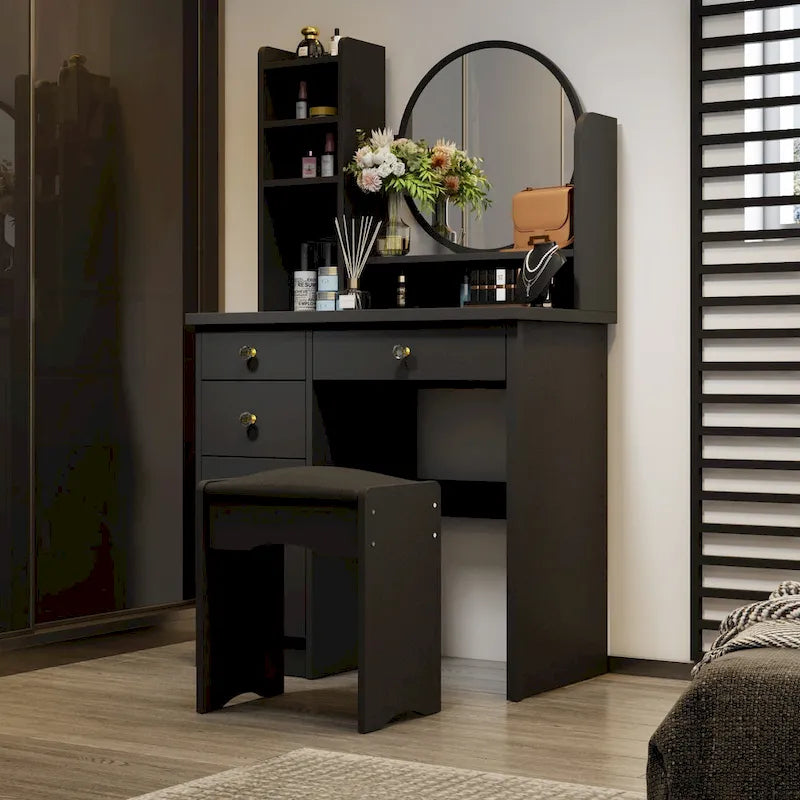 Coiffeuse avec miroir, tabouret et 5 tiroirs - Blanc/Rose/Noir - 80L x 40l x 132H