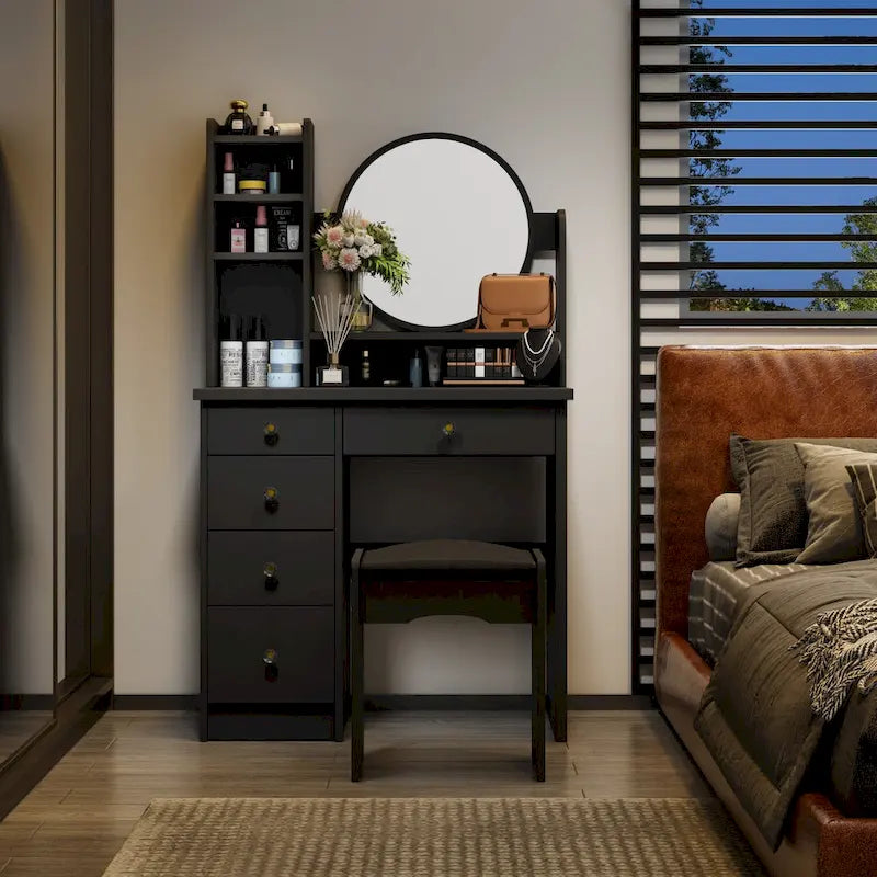 Coiffeuse avec miroir, tabouret et 5 tiroirs - Blanc/Rose/Noir - 80L x 40l x 132H