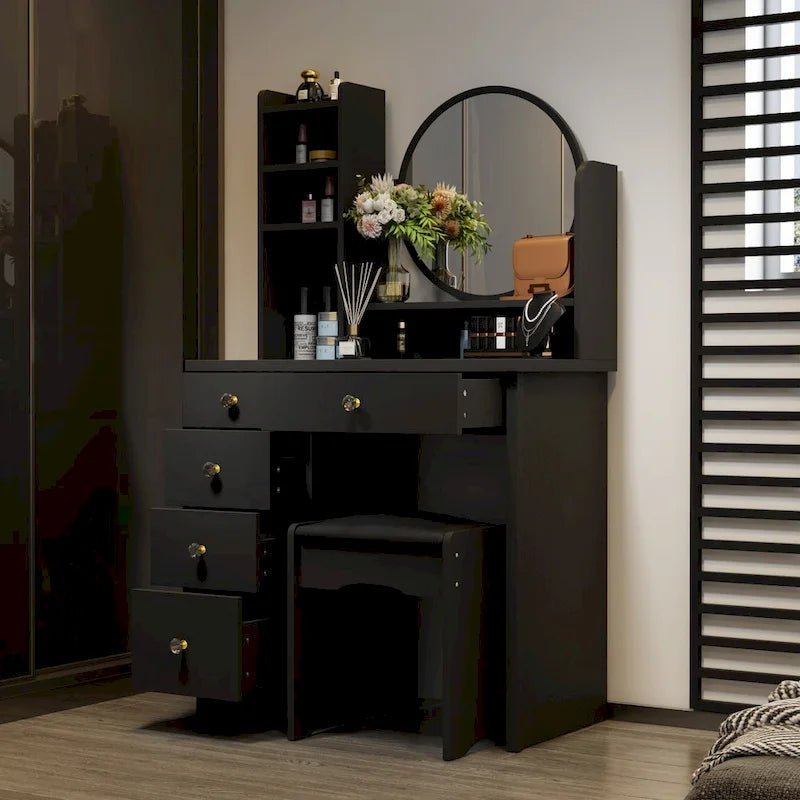 Coiffeuse avec miroir, tabouret et 5 tiroirs - Blanc/Rose/Noir - 80L x 40l x 132H