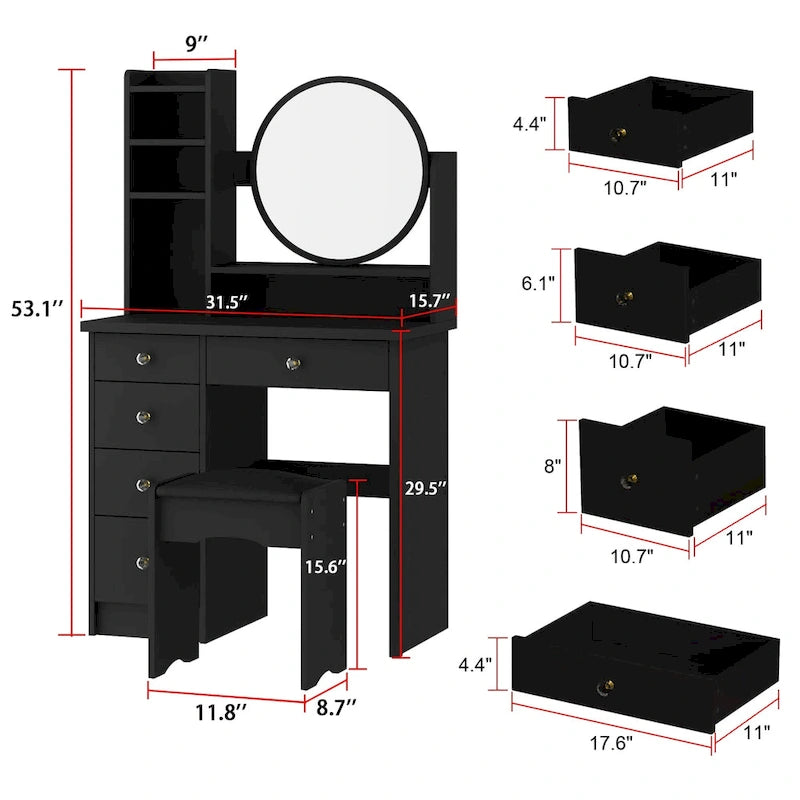 Coiffeuse avec miroir, tabouret et 5 tiroirs - Blanc/Rose/Noir - 80L x 40l x 132H