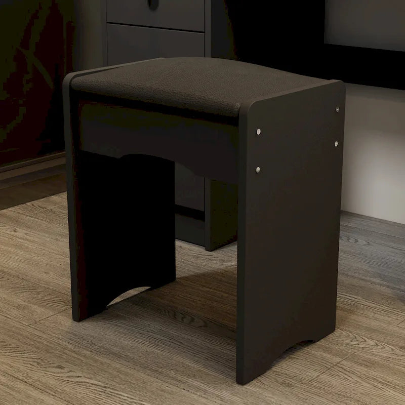 Coiffeuse avec miroir, tabouret et 5 tiroirs - Blanc/Rose/Noir - 80L x 40l x 132H